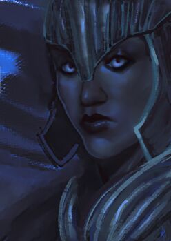 Rule 34 | 1girl, armor, black armor, black background, black sclera, blue eyes, colored pencil (medium), colored sclera, colored skin, dark seducer (mazken), from side, grey skin, helmet, highres, looking at viewer, painterly, portrait, sabiartrin, shoulder armor, solo, solo focus, the elder scrolls, the elder scrolls iv: oblivion, traditional media