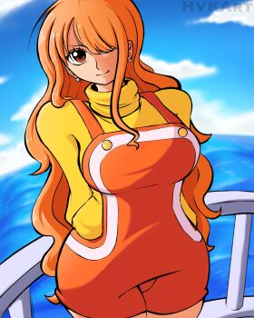 1girl absurdres arms_behind_back blue_sky breasts brown_eyes closed_mouth cloud cloudy_sky commentary cowboy_shot earrings english_commentary hair_over_one_eye highres horizon hvkart jewelry large_breasts long_hair looking_at_viewer nami_(one_piece) ocean official_alternate_costume one_piece orange_hair orange_overalls outdoors overall_shorts overalls pearl_earrings single_sidelock sky smile solo sweater wavy_hair yellow_sweater