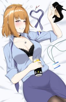 1girl black_bra black_choker black_pantyhose black_shoes blue_shirt blue_skirt blush bra breasts can choker cleavage collarbone commentary_request drunk feet_out_of_frame girls&#039;_frontline grizzly_mkv_(elite_on_patrol)_(girls&#039;_frontline) grizzly_mkv_(girls&#039;_frontline) high_heels highres holding holding_can holding_shoes holding_unworn_clothes jewelry lips looking_at_viewer lying medium_breasts medium_hair necklace official_alternate_costume on_back on_bed open_clothes open_mouth open_shirt orange_hair pantyhose parted_lips police police_uniform policewoman purple_eyes revision shirt shoes simple_background skirt sleeves_rolled_up smile solo squeans strong_zero sumi_ojie underwear unworn_shoes