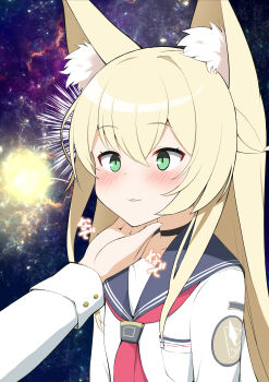 1girl absurdres animal_ears blonde_hair blue_archive breasts commentary_request emphasis_lines fang green_eyes hair_between_eyes hand_on_another&#039;s_chin highres kurumi_(blue_archive) long_hair meme open_mouth school_uniform small_breasts solo_focus space_cat_(meme) surprised translation_request tt_0965