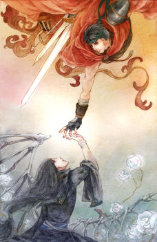 2boys armor black_hair blue_hair capelet commentary_request fire_emblem fire_emblem:_radiant_dawn flower green_headband headband highres ike_(fire_emblem) long_hair male_focus multiple_boys nintendo pauldrons senehrio short_hair shoulder_armor single_pauldron soren_(fire_emblem) sword very_long_hair weapon white_flower