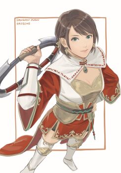 1girl 5ako0u artist_name boots braid breasts brown_hair cleavage cleavage_cutout closed_mouth clothing_cutout commentary_request copyright_name detached_collar dress earrings from_above full_body gold_earrings gold_trim green_eyes hair_ribbon hand_on_own_hip high-low_dress holding holding_weapon jewelry knee_pads layered_sleeves light_smile looking_at_viewer medium_breasts medium_hair over_shoulder red_dress ribbon shin_sangoku_musou shin_sangoku_musou_origins side_braid solo sun_shangxiang_(shin_sangoku_musou) weapon weapon_over_shoulder white_background white_boots