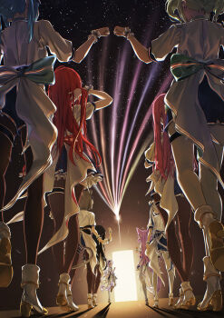 6+girls absurdres akane_lize animal_ears aokumo_rin arahashi_tabi arm_at_side ayatsuno_yuni black_hair black_pantyhose block_heels blue_hair blue_shorts bow cat_ears chromatic_aberration clenched_hand commentary commentary_request doorway english_commentary everyone fist_bump fox_tail frilled_wristband green_hair grey_hair hanako_nana hand_in_own_hair hand_up highres horns kitsune_hero korean_commentary light_rays long_hair looking_back matching_outfits mixed-language_commentary multiple_girls neneko_mashiro pantyhose petticoat pink_hair purple_hair red_hair shadow shirayuki_hina shirt shoes short_hair short_sleeves shorts single_horn star_(sky) stellive striped_bow tail tenko_shibuki virtual_youtuber walking white_pantyhose white_shirt white_shoes yuzuha_riko