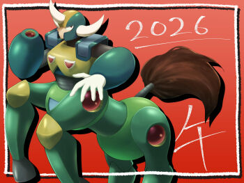 Rule 34 | 1boy, 2026, absurdres, android, arm cannon, armor, centaur, centaur man, chinese zodiac, closed mouth, commentary request, drop shadow, fake horns, gloves, green armor, green helmet, helmet, highres, hooves, horned helmet, horns, horse tail, looking at viewer, male focus, mega man (classic), mega man (series), mega man 6, multiple legs, rearing, red background, red eyes, sayagen, shadow, solo, standing, tail, taur, weapon, white gloves, year of the horse