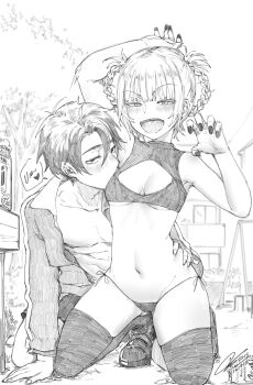 1boy 1girl absurdres arm_up bare_arms bare_shoulders blush boots braid braided_hair_rings breasts claw_pose cleavage_cutout clothing_cutout commentary crop_top english_commentary fangs fkscrashing graphite_(medium) greyscale hair_rings hand_on_another's_waist hand_up hetero highres kneeling licking licking_armpit looking_at_viewer monochrome nanakusa_nazuna_(yofukashi_no_uta) navel no_pants open_mouth panties small_breasts smile stomach thigh_boots traditional_media underwear yamori_kou yofukashi_no_uta
