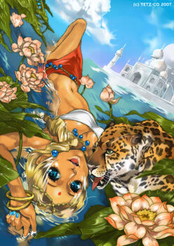 bindi blonde_hair blue_eyes blue_nails bracelet castle dark_skin flower forehead_mark jaguar jewelry leopard lily_pad lotus midriff nail_polish necklace panther taj_mahal tetz-co