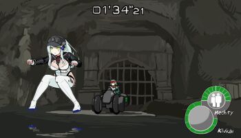 2girls absurdres baseball_cap black_hat boots cave cave_interior character_name commentary_request countdown_timer floating g11_(girls&#039;_frontline) girls&#039;_frontline girls&#039;_frontline_2:_exilium glitch gloves green_eyes hat heads-up_display health_bar highres hk416_(girls&#039;_frontline) indoors klukai_(girls&#039;_frontline_2) klukai_(speed_star)_(girls&#039;_frontline_2) leotard levitation mechty_(girls&#039;_frontline_2) midair motor_vehicle multiple_girls parody resident_evil resident_evil_4 scene_reference shrug_(clothing) thigh_boots thighhighs user_interface white_footwear white_gloves white_hair white_leotard white_thighhighs yanagui_yugi