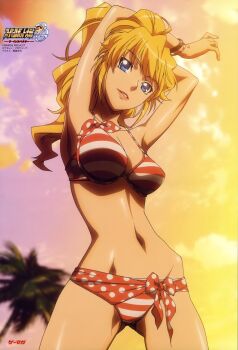 10s 1girl absurdres armpits banpresto bikini blonde_hair blue_eyes excellen_browning female_focus highres kabashima_yousuke long_hair ponytail sky smile solo striped_bikini striped_clothes super_robot_wars super_robot_wars_og_the_inspector super_robot_wars_original_generation super_robot_wars_original_generation_2 swimsuit