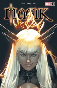 Rule 34 | 1girl, absurdres, armor, black shirt, blonde hair, blue eyes, blunt bangs, character name, cleavage cutout, clothing cutout, comic cover, company name, copyright logo, copyright name, cover, cover page, english text, fire, grey background, highres, logo, long hair, looking at viewer, magik (x-men), marvel, official art, pablo villalobos, pauldrons, portrait, realistic, shirt, shoulder armor, signature, single pauldron, smirk, solo, x-men