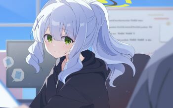 1girl 1other absurdres black_halo black_hoodie blue_archive blush center-flap_bangs commentary_request drawstring from_side green_eyes green_halo hair_between_eyes hair_intakes halo hare_(blue_archive) highres hood hood_down hoodie indoors long_hair long_sleeves looking_at_viewer mochigome_(ununquadium) monitor ponytail sidelocks smile upper_body white_hair
