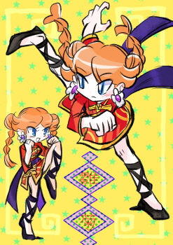 1girl absurdres blue_eyes braid braided_twintails brown_hair chinese_clothes cosplay double_bun earrings flower_earrings hair_bun highres jewelry kicking kung_fu_peach long_hair mario_(series) nintendo princess_daisy princess_peach princess_peach:_showtime! princess_peach_(cosplay) rakugaki_shitagari-ya star_(symbol) star_symbol_background yellow_background