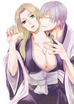 1boy 1girl black_hakama bleach blonde_hair blue_eyes breasts cleavage collarbone commentary_request grey_hair hachiya_nanao hakama haori head_tilt hetero ichimaru_gin interlocked_fingers japanese_clothes jewelry large_breasts lips long_hair matsumoto_rangiku mole mole_under_mouth necklace parted_lips plunging_neckline scarf shihakusho taichou_haori white_scarf