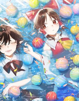 Rule 34 | 2girls, :d, absurdres, ascot, balloon, black bow, black bowtie, black hair, black skirt, bow, bowtie, brown hair, caustics, closed eyes, collared shirt, commentary, detached sleeves, frilled hair tubes, frilled shirt collar, frills, hair bow, hair tubes, hakurei reimu, hand in another's hair, hat, highres, long hair, long sleeves, looking at another, lying, multiple girls, open mouth, parted lips, partially submerged, pointy ears, puffy short sleeves, puffy sleeves, red bow, red eyes, red hat, ribbon-trimmed sleeves, ribbon trim, shameimaru aya, shirt, short hair, short sleeves, sideways glance, skirt, smile, tokin hat, toraneko 2, touhou, water, white shirt, white sleeves, wide sleeves, yellow ascot