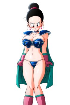 absurdres armor bikini bikini_armor blush breasts cape chi-chi_(dragon_ball) dragon_ball dragonball_z earrings embarrassed gloves green_cape hair_up helmet highres jewelry large_breasts non-web_source pink_gloves shoulder_armor swimsuit transparent_background yamamoto_doujin