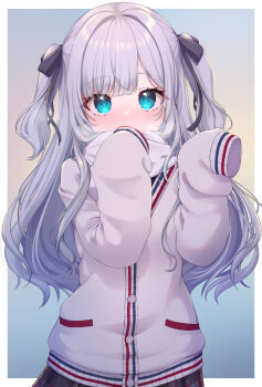 Rule 34 | 1girl, basa rutan, black ribbon, blue background, blue eyes, border, commentary request, covered mouth, gradient background, grey hair, grey skirt, hair ribbon, highres, kaga sumire, kaga sumire (9th costume), long hair, long sleeves, plaid clothes, plaid skirt, pleated skirt, ribbon, scarf, school uniform, skirt, sleeves past fingers, sleeves past wrists, solo, straight-on, sweater, two side up, upper body, virtual youtuber, vspo!, white border, white scarf, white sweater