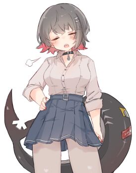 1girl black_choker black_hair blue_skirt blush choker closed_eyes colored_inner_hair commentary_request cowboy_shot ellen_joe ellen_joe_(on_campus) fins fish_tail hand_on_own_hip highres mole mole_under_eye multicolored_hair nekonika_(e102k) official_alternate_costume open_clothes pendant_choker razor_blade_hair_ornament red_nails scar scar_on_tail shark_girl shark_tail sharp_teeth shirt shirt_tucked_in short_hair simple_background skirt sleeves_rolled_up solo tail teeth white_background white_shirt zenless_zone_zero