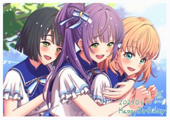 365_days_(love_live!) 3girls :d black_hair blue_bow blue_eyes blue_ribbon blue_sailor_collar blue_sky blunt_bangs blunt_ends blush bob_cut border bow cerise_bouquet commentary_request dated english_text frilled_bow frilled_sleeves frills green_eyes hair_bow hair_bun hair_intakes happy_birthday highres hinoshita_kaho hug hug_from_behind link!_like!_love_live! long_hair love_live! medium_hair momose_ginko multiple_girls neck_ribbon official_alternate_costume open_mouth orange_hair otomune_kozue purple_hair ribbon roze_(ro_z7) sailor_collar sailor_shirt shirt short_hair short_sleeves side_ponytail sidelocks signature single_side_bun sketch_background sky smile striped_bow striped_ribbon teeth tree twitter_username two_side_up upper_body upper_teeth_only virtual_youtuber white_border white_shirt