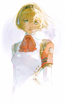 1girl aigis_(persona) android blonde_hair blue_eyes commentary_request gold_hairband hairband highres joints negi_(fufufuyu) persona persona_3 robot_ears robot_girl robot_joints