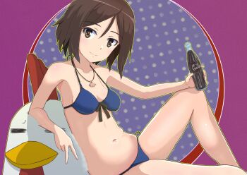 1girl absurdres bikini bird blue_bikini bottle breasts brown_eyes brown_hair chicken coca-cola commentary_request feet_out_of_frame front-tie_bikini_top front-tie_top hair_between_eyes highres jewelry keicha_(kmoekaki) kuroda_kunika loose_hair_strand medium_breasts necklace noble_witches polka_dot polka_dot_background short_hair sitting soda_bottle solo swimsuit world_witches_series