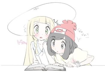 2girls arm_support beanie black_hair blonde_hair blush book braid bad_tag collared_dress couple dress floral_print green_eyes hat lillie_(pokemon) long_hair looking_at_another multiple_girls nintendo nonobuki open_mouth pokemon pokemon_sm reading selene_(pokemon) shirt short_hair side-by-side translation_request yuri z-ring
