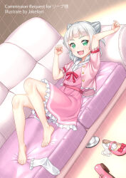 Rule 34 | 1girl, barefoot, blush, commentary request, commission, couch, dress, full body, green eyes, grey hair, highres, jakelian, kashiwagi mia, looking at viewer, lying, on back, ongeki, open mouth, pink dress, pixiv commission, shoes, short hair, smile, solo, toes, unworn shoes, unworn socks