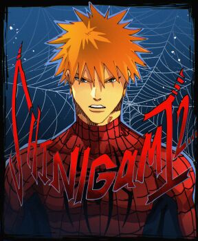 1boy absurdres animal_print bleach bodysuit brown_eyes cosplay crossover english_text hair_between_eyes highres isaacchief300 kurosaki_ichigo looking_at_viewer marvel orange_hair parted_lips silk spider-man spider-man_(cosplay) spider-man_(series) spider_print spider_web spider_web_print spiked_hair superhero_costume upper_body v-shaped_eyebrows
