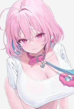 1girl absurdres ahoge blue_hair blush bob_cut breasts choker cleavage collar collarbone earrings heart heart-shaped_lock heart_on_chest highres idolmaster idolmaster_cinderella_girls jewelry large_breasts leash leather leather_choker multicolored_hair p00nipooni pill_earrings pink_eyes pink_hair shirt short_hair simple_background single_hair_intake solo tears two-tone_hair white_background white_shirt yumemi_riamu