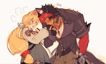 1boy 1girl alice_thymefield animal_ears bandaged_arm bandages black_coat blonde_hair blush coat hair_ornament hetero heterochromia highres kiss kissing_hand komano_manato long_hair low_twintails papertrlck rabbit_ears rabbit_girl red_eyes simple_background sphere_hair_ornament surprised twintails white_background yellow_eyes zenless_zone_zero