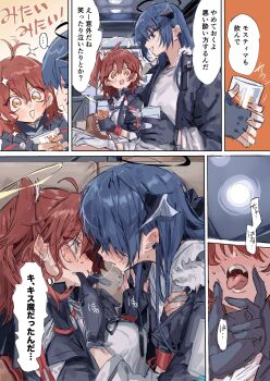 2girls after_kiss ahoge ahoge_wag arknights black_gloves black_jacket blue_eyes blue_hair blue_tongue colored_tongue commentary_request cup dark_halo demon_horns drinking_glass expressive_hair exusiai_(arknights) fallen_angel fingerless_gloves fur-trimmed_hood fur_trim gloves halo highres holding holding_cup hood hood_down hooded_jacket horns indoors jacket long_hair long_sleeves mostima_(arknights) multiple_girls na_tarapisu153 open_clothes open_jacket open_mouth red_hair saliva saliva_trail shirt short_hair side_ponytail smile tongue tongue_out translation_request white_shirt yuri