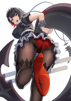 1girl absurdres ass ass_focus black_dress black_hair black_pantyhose breasts commentary d: dress ellen_joe fins fish_tail foot_out_of_frame high_heels highres large_breasts looking_at_viewer maid_headdress open_mouth panties panties_over_pantyhose pantyhose red_eyes red_panties shark_tail short_hair simple_background solo standing standing_on_one_leg tail underwear white_background yami_anko zenless_zone_zero