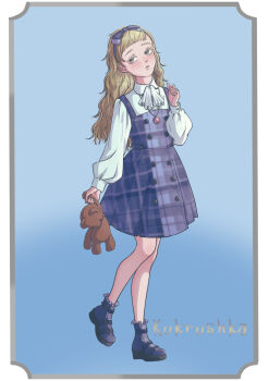 1girl alternate_costume blue_dress bow brown_hair commentary_request dress eyelashes gnosia grey_eyes hairband highres holding holding_stuffed_toy jewelry kukrushka_(gnosia) long_hair long_sleeves looking_at_viewer necklace nikolacpm solo stuffed_animal stuffed_toy teddy_bear wavy_hair