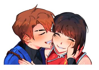 Rule 34 | 1boy, 1girl, ^ ^, animification, black hair, blush, brown hair, china dress, chinese clothes, closed eyes, commentary request, couple, dress, ear blush, eyebrow cut, grin, hand blush, hand on another's cheek, hand on another's face, hand on another's shoulder, happy, hetero, highres, jay (ninjago), korean commentary, long sleeves, ninjago, nya (ninjago), red dress, samgu 1, short hair, simple background, sleeveless, sleeveless dress, smile, u u, upper body, white background