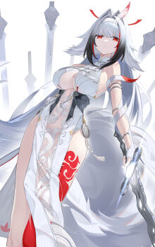 1girl absurdres bare_shoulders body_markings breasts chinese_commentary closed_mouth commentary_request fox_tail freeeeeeeeeee hair_flaps highres holding holding_sword holding_weapon large_breasts leotard long_hair looking_at_viewer pelvic_curtain red_eyes solo sword tail very_long_hair weapon white_background white_hair white_leotard ye_shunguang zenless_zone_zero