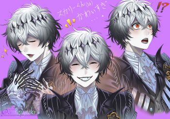 1boy aogiyuki black_crown crown diamond_hairband formal_clothes gloves highres jacket long_sleeves looking_at_viewer male_focus missing_tooth multiple_persona pinstripe_jacket pinstripe_pattern pinstripe_suit pinstripe_vest round_eyewear short_hair skeleton_print skully_j._graves smile striped_clothes striped_jacket striped_vest suit sunglasses the_nightmare_before_christmas twisted_wonderland vertical-striped_clothes vertical-striped_jacket vertical-striped_vest vest white_hair