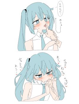 2girls absurdres blue_eyes blue_hair blue_necktie blush collared_shirt commentary_request finger_in_another's_mouth giryu hatsune_miku heart highres holding_another's_wrist megurine_luka multiple_girls necktie shirt simple_background speech_bubble translation_request twintails vocaloid white_background white_shirt yuri