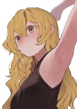 1girl arm_up armpit_focus armpits black_tank_top blonde_hair blush braid highres kirisame_marisa long_hair niru_(ka_k_0517) single_braid solo tank_top touhou white_background yellow_eyes