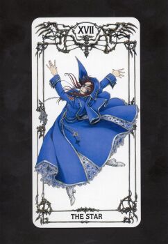 Rule 34 | 1girl, blue dress, blue eyes, cross, dancing, dress, esther blanchett, non-web source, nun, official art, red hair, scan, shibamoto thores, tarot, trinity blood