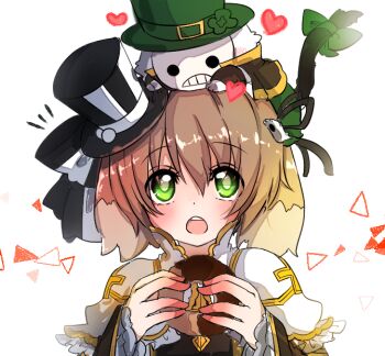 2girls arch_bishop_(ragnarok_online) asuta_(kinakomoti300) black_dress black_hat blush bow brown_hair cat_girl cat_tail donut dress food frilled_dress frilled_sleeves frills furry furry_female green_bow green_eyes green_hat hat heart holding holding_donut holding_food mask masked multiple_girls official_alternate_costume on_head open_mouth person_on_head ragnarok_online short_hair simple_background summoner_(ragnarok_online) tail tail_bow tail_ornament top_hat upper_body white_background