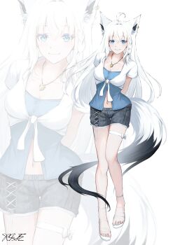 1girl absurdres ahoge animal_ear_fluff animal_ears arms_behind_back black_shorts blue_shirt braid breasts cleavage commentary_request earrings extra_ears fox_ears fox_girl fox_tail green_eyes hair_between_eyes highres hololive jewelry long_hair looking_at_viewer medium_breasts necklace sandals shirakami_fubuki shirt short_shorts shorts sidelocks signature simple_background single_braid smile solo tail thigh_strap unknown_(riseillustrator) virtual_youtuber white_background white_hair white_shirt