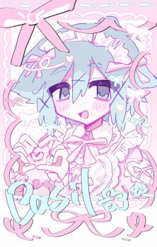 1boy :d alternate_costume androgynous antenna_hair apron basil_(headspace)_(omori) basil_(omori) blue_eyes blue_hair border bow bowtie character_name child commentary_request dot_nose double-parted_bangs enmaided flipped_hair frilled_apron frilled_sleeves frills hair_between_eyes hair_ornament hands_up headdress heart heart_hands heart_in_heart_hands long_sleeves looking_at_viewer maid maid_apron maid_headdress male_focus omori open_mouth pale_skin pink_background pink_border pink_bow pink_bowtie pink_shirt polka_dot polka_dot_background raised_eyebrows shirt short_hair sidelocks simple_background smile solo sweatdrop tongue two-tone_background upper_body white_apron white_background white_headdress x_hair_ornament yuyuyu_m5