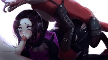 1girl 2boys absurdres all_fours android belt bestiality bodystocking brown_hair chest_jewel clothed_sex commission commissioner_upload crop_top crying crying_with_eyes_open digimon digimon_survive doggystyle double_penetration dusk_(wayanfa) erection fangmon fauron714 fellatio hair_ornament hetero highres huge_filesize jacket long_hair makeup mechanical_ears mega_man_(series) mega_man_zero_(series) monster multiple_boys non-web_source open_clothes open_jacket oral original penis pink_eyes rape runny_makeup sex sex_from_behind shorts solo_focus tears torn_clothes white_background wolf