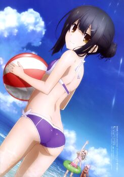 3girls absurdres arm_up armpits ass back ball bare_shoulders beachball bikini black_hair blue_sky blush breasts brown_eyes chloe_von_einzbern closed_mouth cloud dark-skinned_female dark_skin day fate/kaleid_liner_prisma_illya fate_(series) frilled_bikini frills from_behind grin hair_bun hair_ornament hairclip highres illyasviel_von_einzbern innertube light_rays loli long_hair looking_at_viewer looking_back miyu_edelfelt multiple_girls navel ocean official_art open_mouth outdoors outstretched_hand pink_bikini pink_hair purple_bikini red_bikini red_eyes sawairi_yuuki scan shoulder_blades single_hair_bun sky small_breasts smile stomach sunlight swim_ring swimsuit wading water waving white_hair yellow_eyes