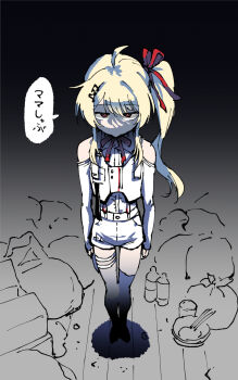 1girl ahoge arms_at_sides bottle bowl clothing_cutout fortissimo gradient_background hair_ornament hair_ribbon henriiku_(ahemaru) highres hololive hololive_dev_is jitome legs_together long_sleeves looking_at_viewer messy_room monochrome_background musical_note musical_note_hair_ornament neck_ribbon otonose_kanade otonose_kanade_(regloss_uniform) red_eyes red_ribbon ribbon shadow shirt short_shorts shorts shoulder_cutout side_ponytail solo speech_bubble standing straight-on translation_request trash trash_bag vest virtual_youtuber white_shirt white_shorts white_vest yurie_mouth