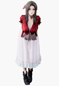 1girl 3d aerith_gainsborough arms_behind_back boots bracelet breasts brown_hair cleavage cropped_jacket dress final_fantasy final_fantasy_vii final_fantasy_vii_remake full_body green_eyes hair_ribbon jacket jewelry leaning_forward long_dress looking_at_viewer medium_breasts own_hands_clasped parted_bangs pink_dress pink_ribbon red_jacket ribbon solo square_enix white_background
