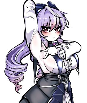 1girl absurdres arm_up armpit_focus armpits black_skirt blush breasts bright_pupils center_frills commentary_request drill_hair frilled_sleeves frills heart heart-shaped_pupils highres korean_commentary large_breasts long_sleeves presenting_armpit purple_hair shirt sideboob simple_background skirt solo spread_armpit symbol-shaped_pupils uncolorcube upper_body vivian_banshee white_background white_pupils white_shirt zenless_zone_zero