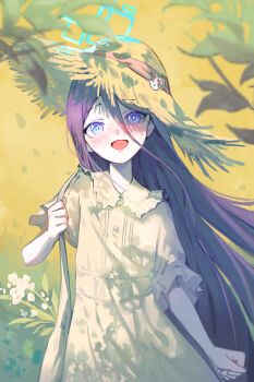 1girl absurdres alternate_costume aris_(blue_archive) black_hair blue_archive blue_eyes blue_halo blush halo hat highres kongaru_123 long_hair open_mouth outdoors solo straw_hat sun_hat upper_body