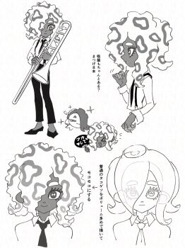 Rule 34 | 2girls, absurdres, black necktie, black pants, black shoes, black suspenders, cropped torso, dark-skinned female, dark skin, expressionless, greyscale, highres, holding, holding instrument, holding trombone, instrument, jounetsu (jonetunoaoitako), long sleeves, looking at viewer, monochrome, multiple girls, multiple views, necktie, nintendo, pants, profile, shirt, shiver (splatoon), shoes, solo focus, splatoon (series), splatoon 3, tao blu, translation request, trombone, white shirt