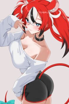 Rule 34 | 1girl, animal ear fluff, animal ears, bare shoulders, black choker, black hair, black shorts, blue bow, blue eyes, bow, breasts, bright pupils, choker, cleavage, closed mouth, collarbone, hakos baelz, hashtag-only commentary, highres, hololive, hololive english, large breasts, long hair, long sleeves, mouse ears, mouse tail, multicolored hair, red hair, red nails, shirt, short shorts, shorts, solo, streaked hair, tail, tail bow, tail ornament, virtual youtuber, white hair, white pupils, white shirt, yobi (ybpac18)