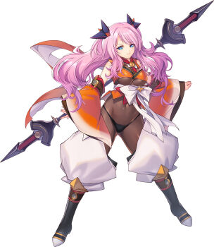 1girl blue_eyes bodystocking breasts choukou_(alicesoft) choukou_taisen_escalation_heroines clenched_hand covered_navel holding holding_polearm holding_weapon japanese_clothes large_breasts long_hair looking_at_viewer makishima_chika min-naraken official_art pink_hair polearm smile weapon