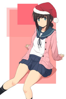 Rule 34 | 1girl, alternate eye color, arm support, black hair, black socks, blue eyes, blue ribbon, blue skirt, cardigan, collarbone, commentary request, feet out of frame, from above, fubuki (kancolle), hat, kantai collection, kugui kiyunemu, looking at viewer, low ponytail, neck ribbon, pink cardigan, pleated skirt, ponytail, reclining, red background, ribbon, sailor collar, santa hat, school uniform, serafuku, sidelocks, simple background, sitting, skirt, smile, socks, solo, white background